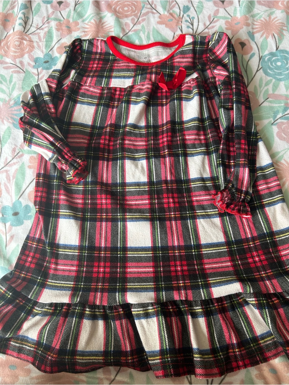 Girls' Red Plaid Long-Sleeve Nightgown with Bow Accent